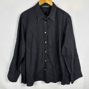 Lauren Ralph Lauren Women's Roll Tab Sleeve 100% Linen Shirt 2X Black Breathable